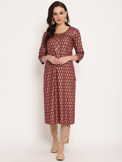 

Ramas Women Maroon & Gold-Toned Printed A-Line Kurta