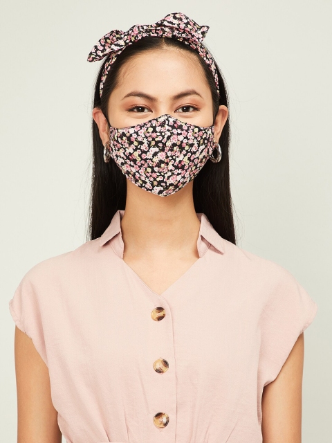 

Ginger by Lifestyle Women Black & Pink Printed 2-Ply Face Mask With Hairband