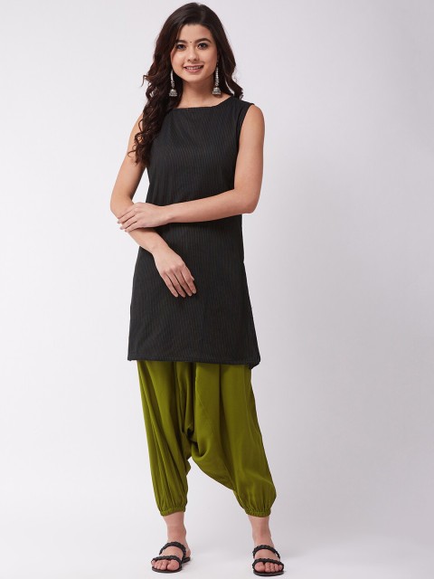 

InWeave Women Black & Olive Green Solid Kurta with Harem Pants