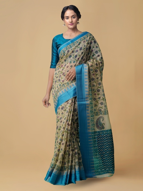 

Unnati Silks Beige & Blue Silk Cotton Printed Handloom Chanderi Saree