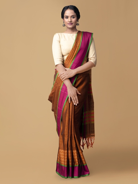 

Unnati Silks Orange & Brown Pure Cotton Solid Handloom Narayan Peth Saree