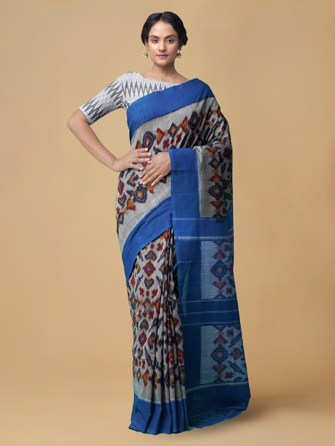 

Unnati Silks Grey & Blue Pure Cotton Printed Pochampally Saree