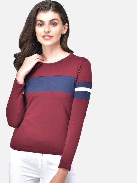 

The Dry State Women Maroon Navy Blue Colourblocked Round Neck T-shirt