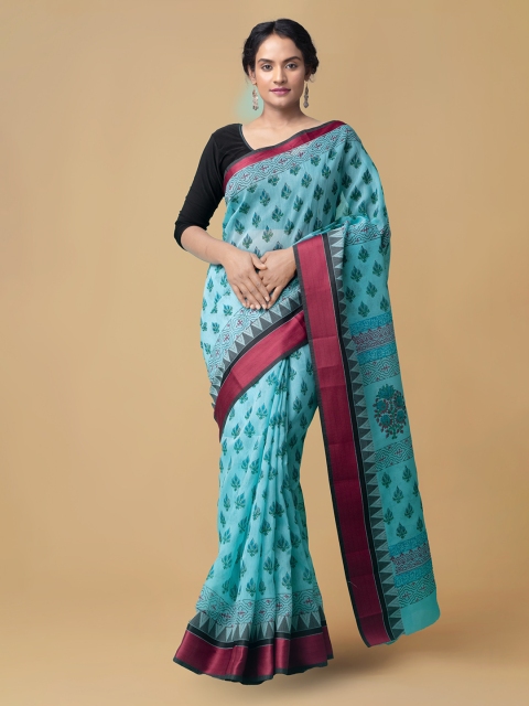 

Unnati Silks Blue Silk Cotton Printed Handloom Chanderi Saree