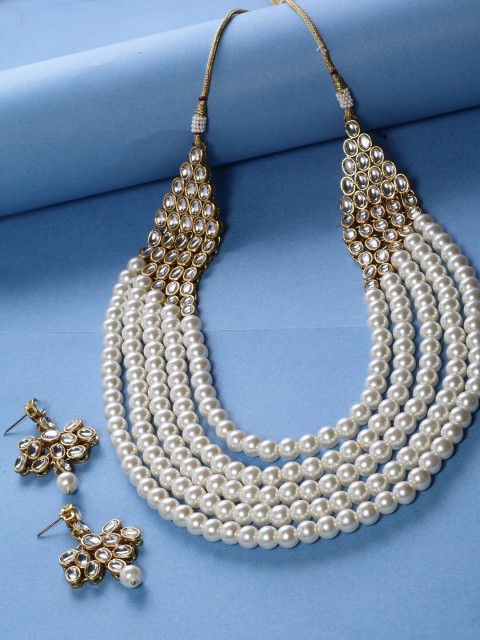 

Shining Diva Gold-Plated & White Beaded Kundan- Studded Antique Jewellery Set