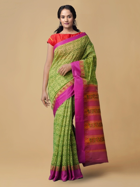 

Unnati Silks Green Silk Cotton Checked Chanderi Saree