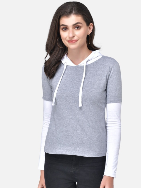 

The Dry State Women Grey & White Colourblocked Hood T-shirt