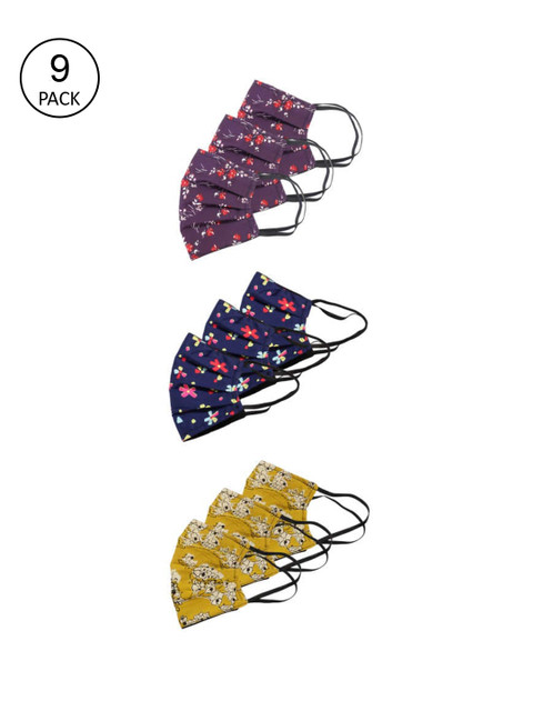 

Bellofox Unisex Pack of 9 Floral Printed 3-Ply Reusable Cloth Masks, Mustard