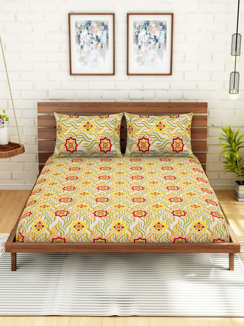 

CORE Designed by SPACES Yellow & Green Ethnic Motifs 104 TC Cotton 1 Queen Bedsheet with 2 Pillow Covers
