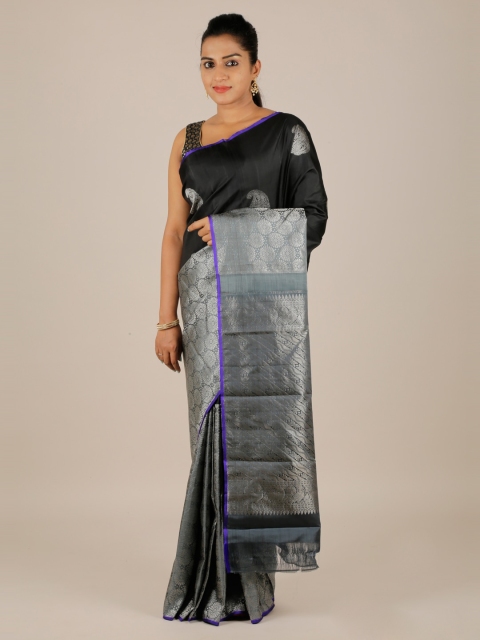 

Pothys Black & Silver-Toned Pure Silk Woven Design Kanjeevaram Saree