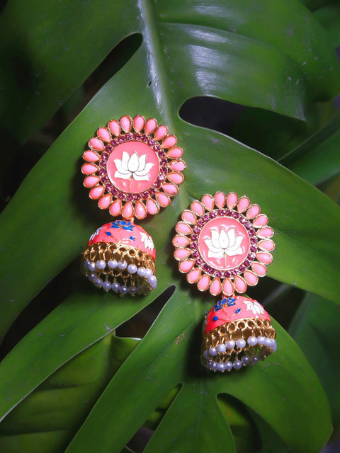 

Crunchy Fashion Pink Gold-Plated Dome Shaped Jhumkas