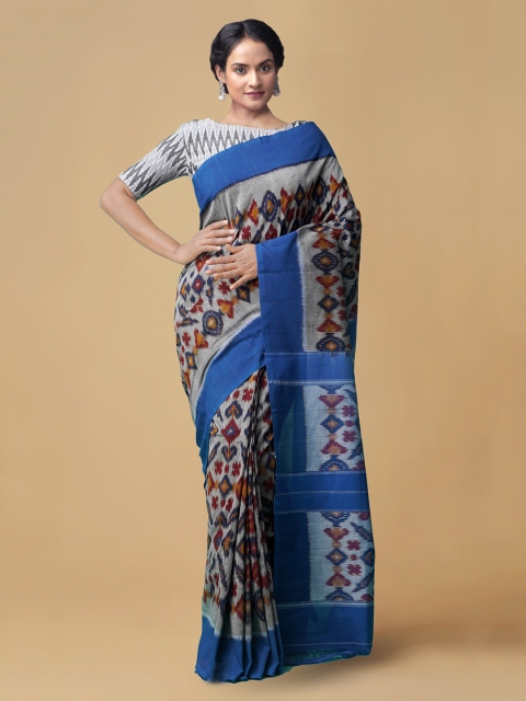 

Unnati Silks Grey & Blue Pure Cotton Printed Pochampally Handloom Saree