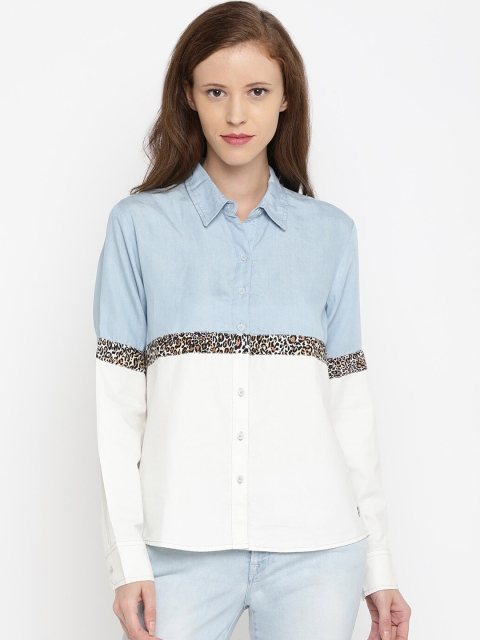 

Pepe Jeans Women Blue Regular Fit Colourblocked Casual Shirt