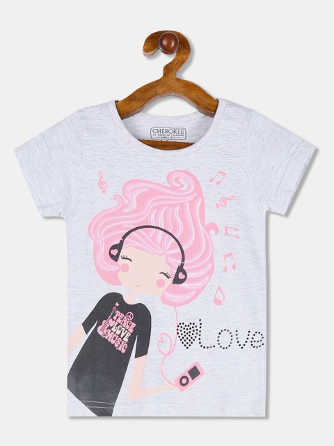 

Cherokee Girls Grey Melange Printed Round Neck T-shirt