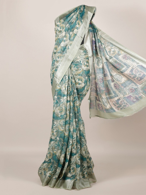 

Pothys Green & Silver-Toned Jute Silk Printed Saree