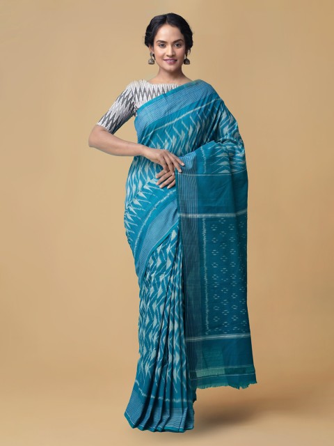

Unnati Silks Blue & White Pure Cotton Printed Pochampally Saree