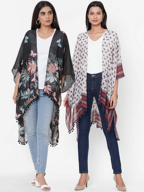 

Get Wrapped Women Pack of 2 Multicoloured Printed Kimono Shrug Women with Pom Pom, Multi