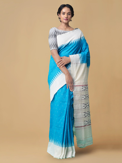 

Unnati Silks Blue & White Pure Cotton Woven Design Handloom Pochampally Saree