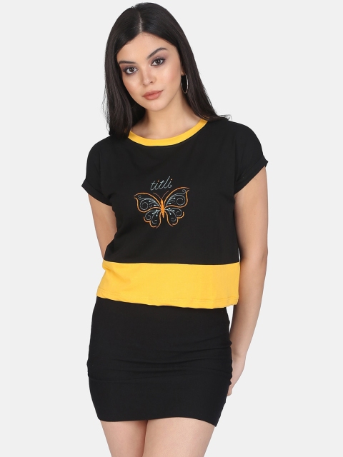 

Clothzy Women Yellow Printed Round Neck T-shirt, Black