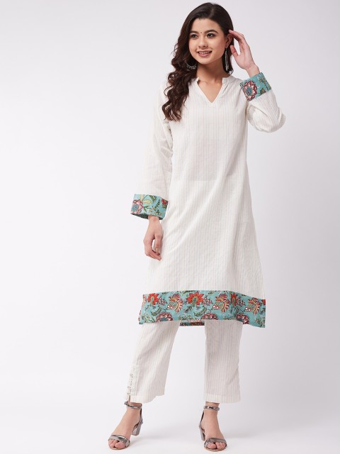 InWeave Women Off-White & Green Woven Design Kurta with Trousers