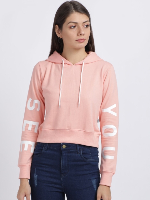 

BEVERLY BLUES Women Peach-Coloured Printed Hooded Crop Sweatshirt