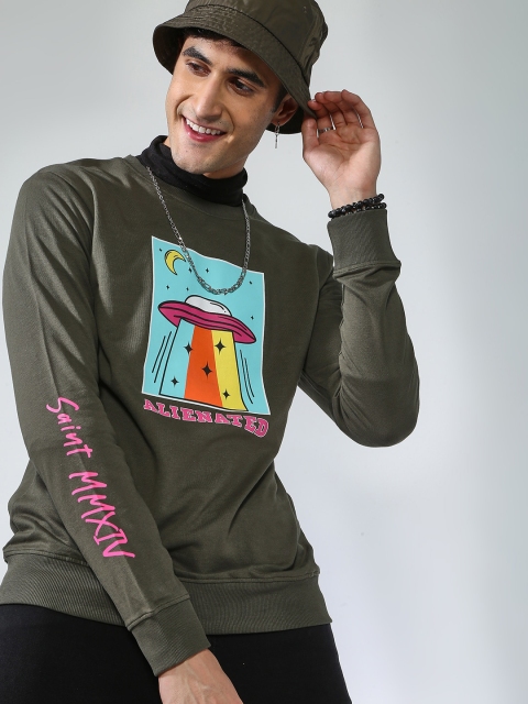 Blue Saint Men Olive Green Printed Sweatshirt