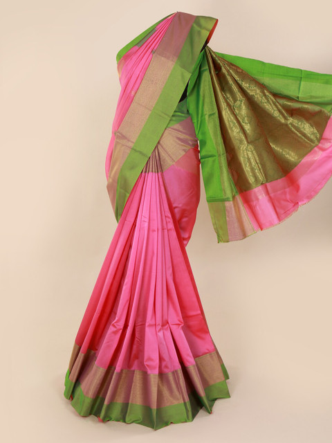 

Pothys Pink & Green Art Silk Solid Saree With Contrast Zari Rich Pallu