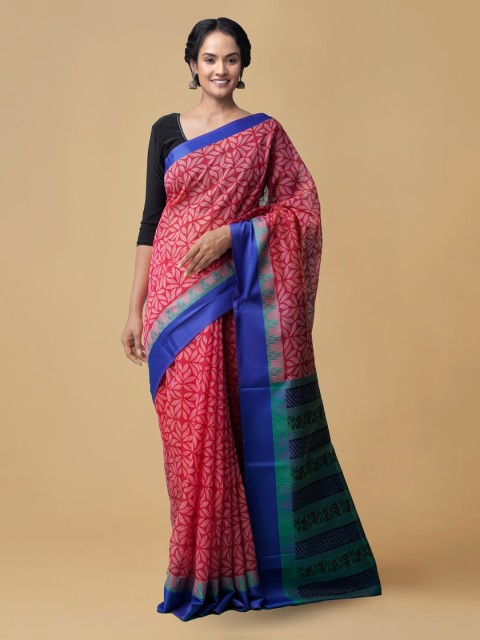 

Unnati Silks Red & Blue Silk Cotton Printed Chanderi Handloom Saree