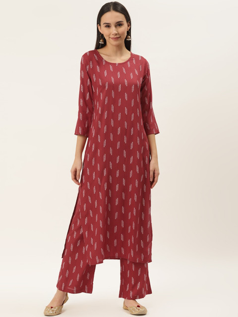 

Cottinfab Women Red Striped Kurta with Trousers