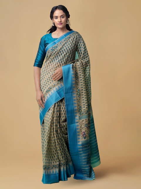 

Unnati Silks Blue & Brown Silk Cotton Block Printed Chanderi Saree