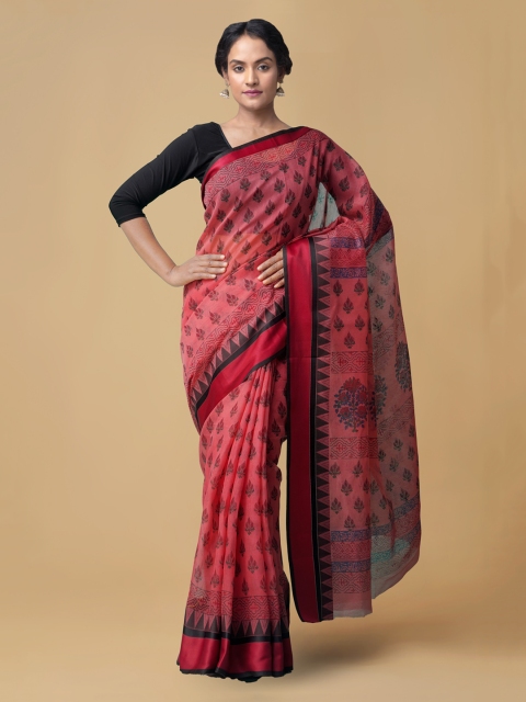 

Unnati Silks Red & Black Silk Cotton Printed Chanderi Handloom Saree