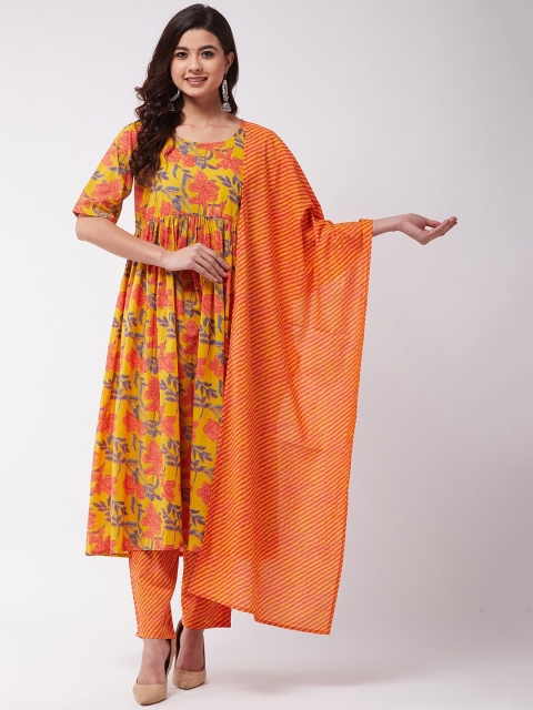 

InWeave Women Yellow & Orange Printed Kurta with Trousers & Dupatta