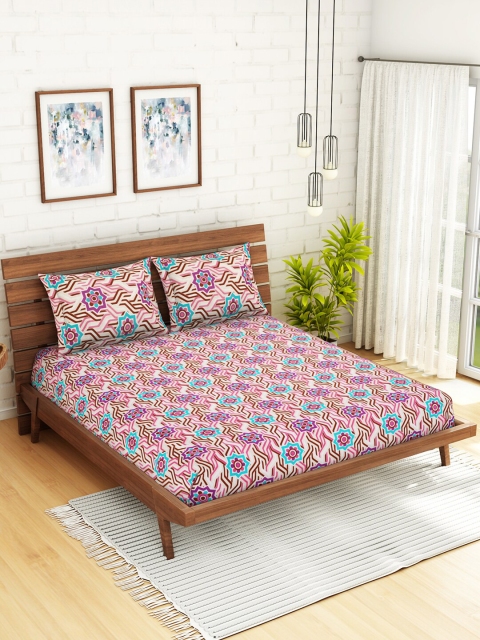 

CORE Designed by SPACES Pink & Blue Floral 104 TC Cotton 1 Queen Bedsheet with 2 Pillow Covers