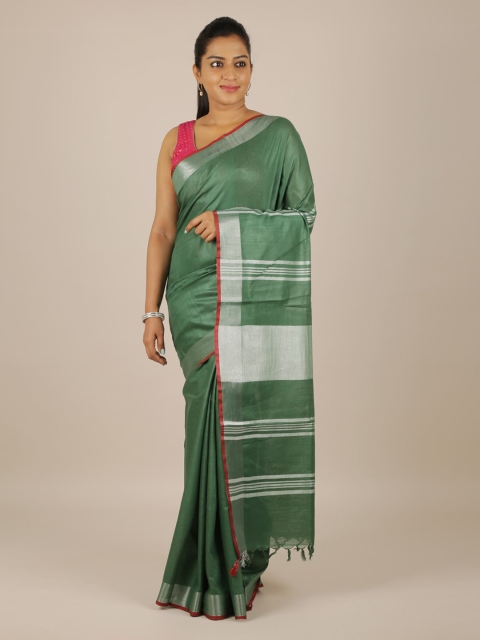 

Pothys Green & Silver-Toned Linen Blend Solid Saree
