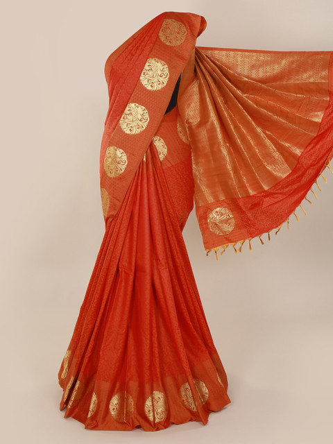 

Pothys Orange & Gold-Toned Art Silk Woven Design Saree with Jhalar Pallu