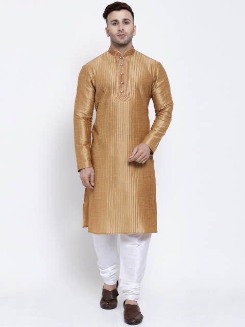 

Badoliya & Sons Men Gold-Toned & White Striped Kurta with Churidar