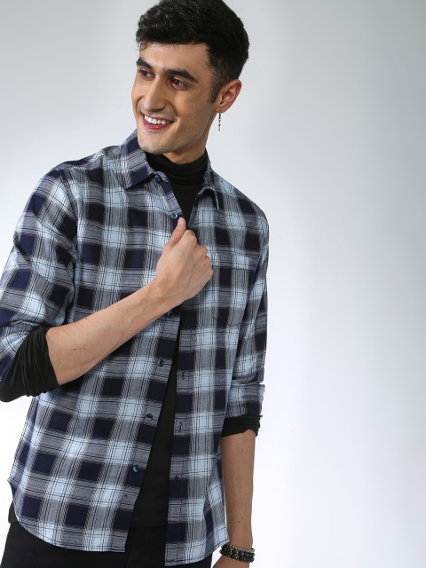 

Blue Saint Men Navy Blue Slim Fit Checked Casual Shirt