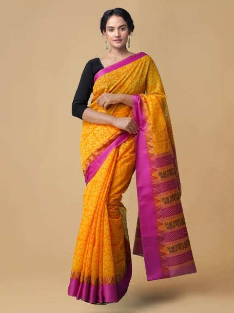 

Unnati Silks Orange & Pink Silk Cotton Printed Chanderi Saree