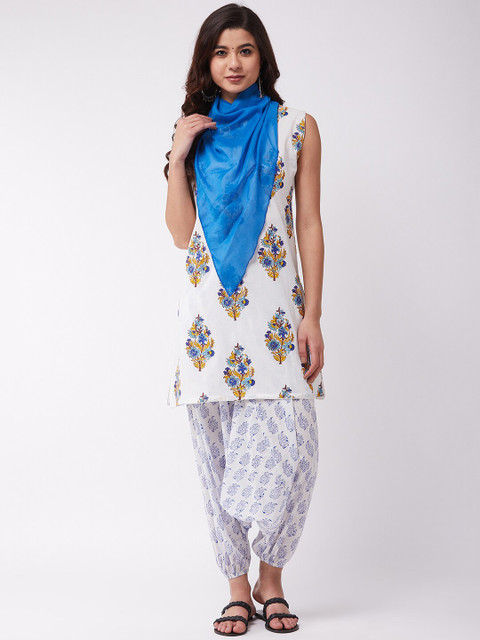 

InWeave Women White & Blue Printed Kurta with Harem Pants