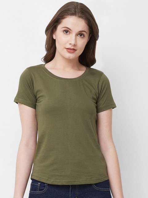 

Vero Forza Women Olive Green Solid Round Neck T-shirt