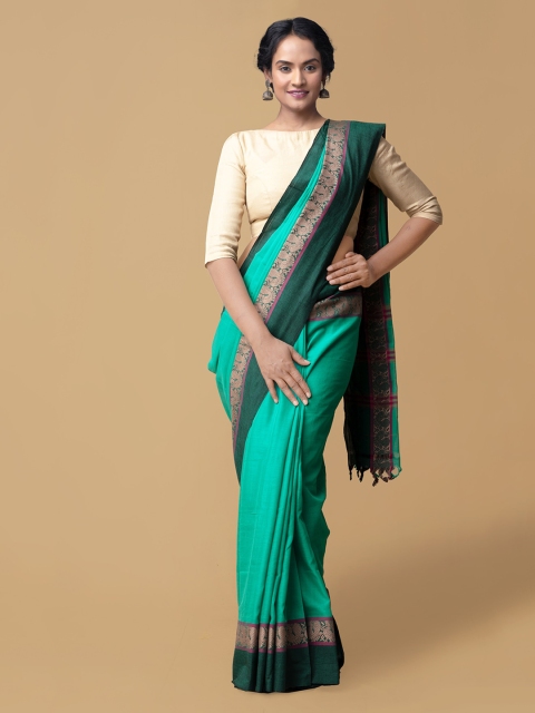 Unnati Silks Sea Green Pure Cotton Solid Narayan Peth Saree
