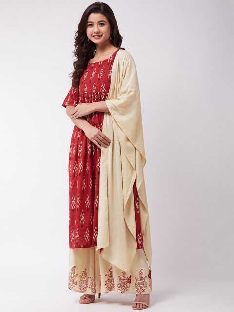 

InWeave Women Maroon & Beige Printed Kurta with Skirt & Dupatta