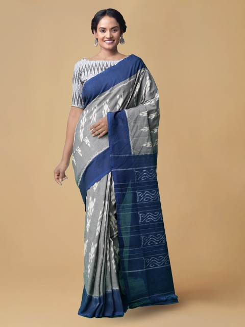 

Unnati Silks Grey & Blue Pure Cotton Printed Handloom Pochampally Saree