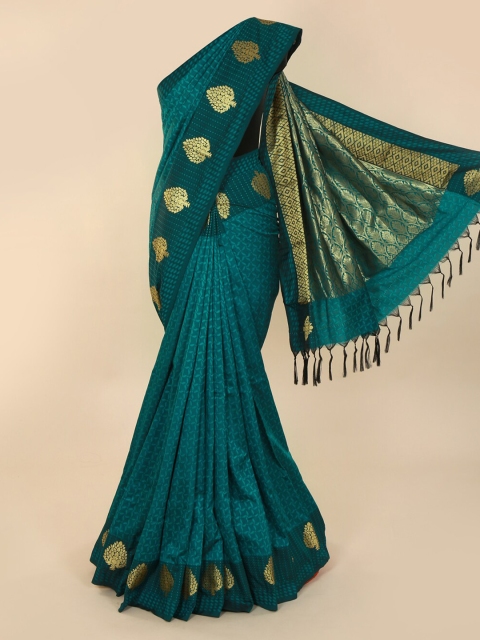 

Pothys Green & Gold-Toned Art Silk Printed Saree with Jhalar Pallu