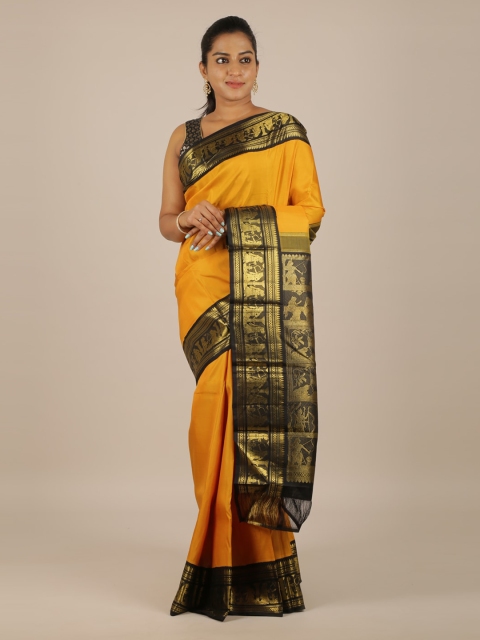 

Pothys Mustard Yellow & Black Pure Silk Solid Kanjeevaram Saree