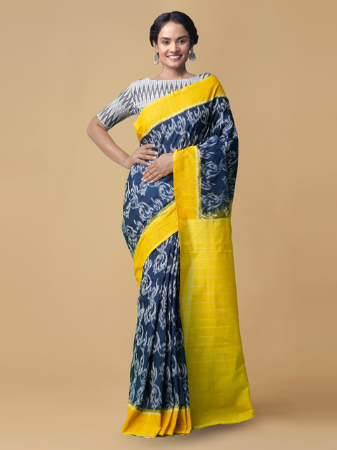 

Unnati Silks Navy Blue & White Pure Cotton Printed Pochampally Saree