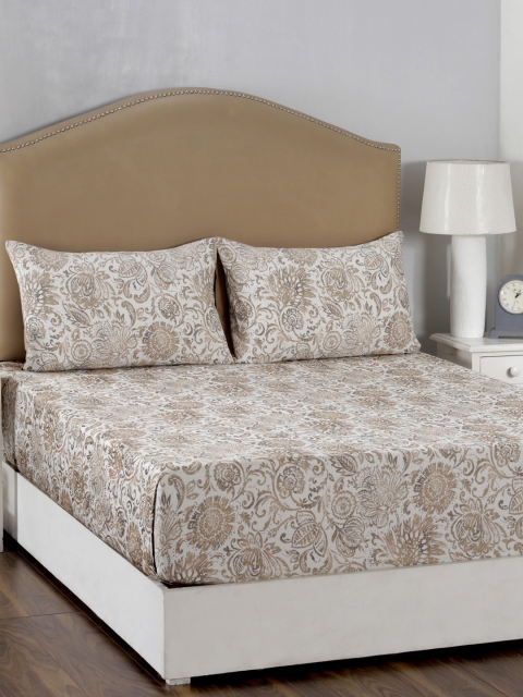 

MASPAR White & Beige Zoe Flower Print 210 TC Cotton 1 Queen Bedsheet with 2 Pillow Covers