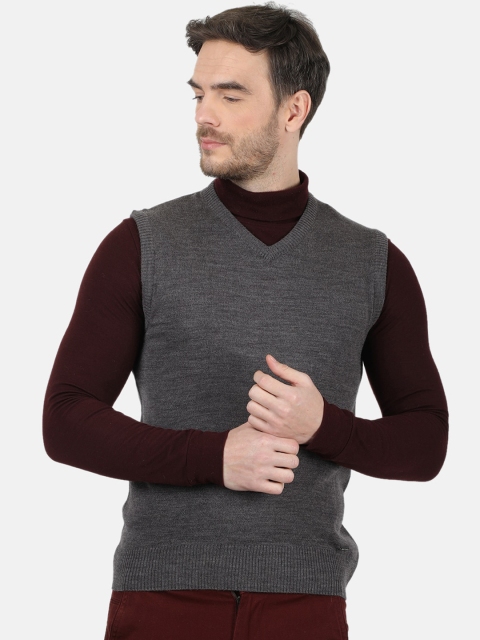 Men Grey Solid V Neck Sweater Vest