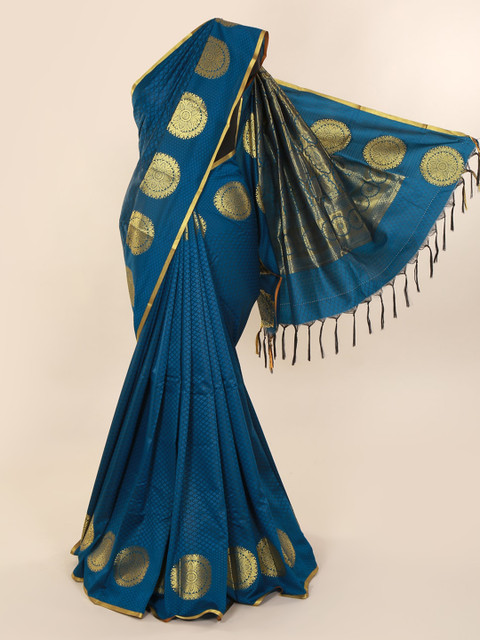 

Pothys Blue & Gold-Toned Art Silk Printed Saree with Jhalar Pallu