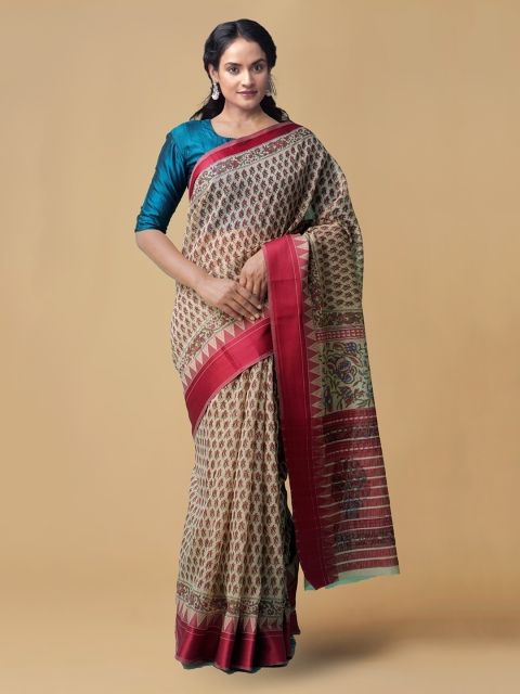 

Unnati Silks Beige & Red Silk Cotton Printed Handloom Chanderi Saree